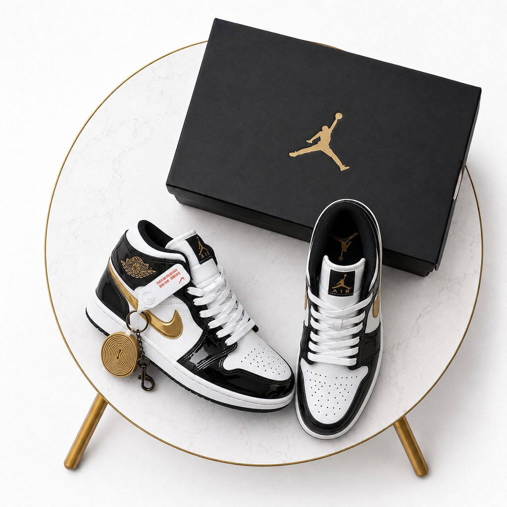 Air Jordan 1 Mid Black White Gold – Premium Patent Leather Sneakers