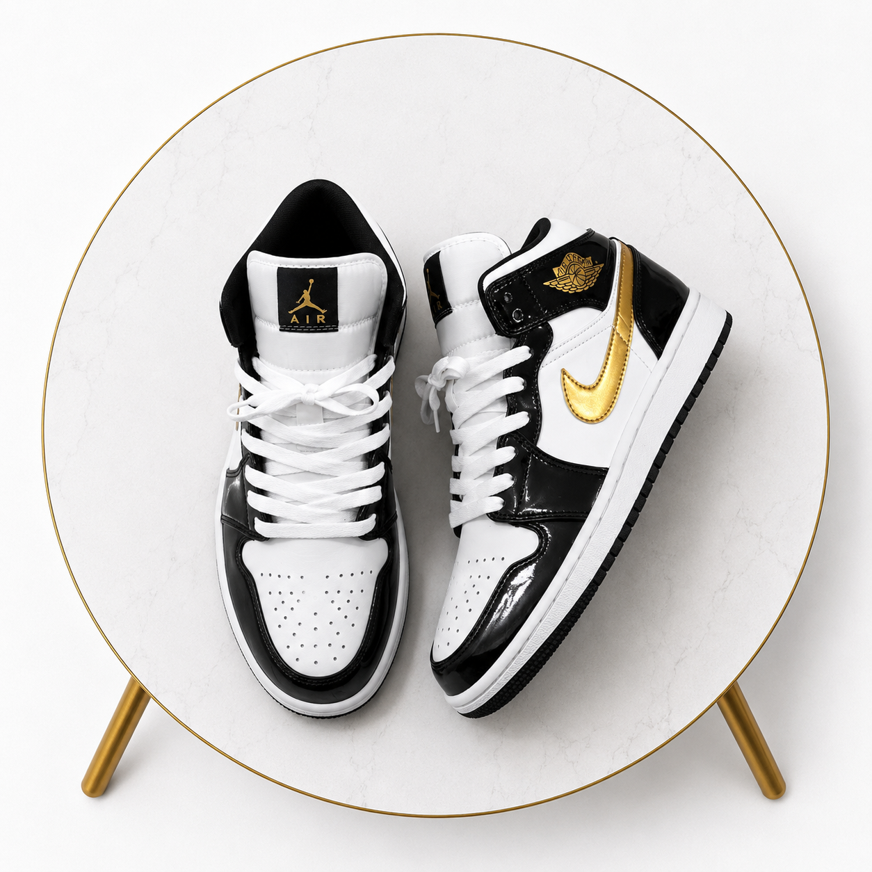 Air Jordan 1 Mid Black White Gold – Premium Patent Leather Sneakers
